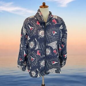Nautical Print‎ Blue Silk Jacket XL Vintage Sailing